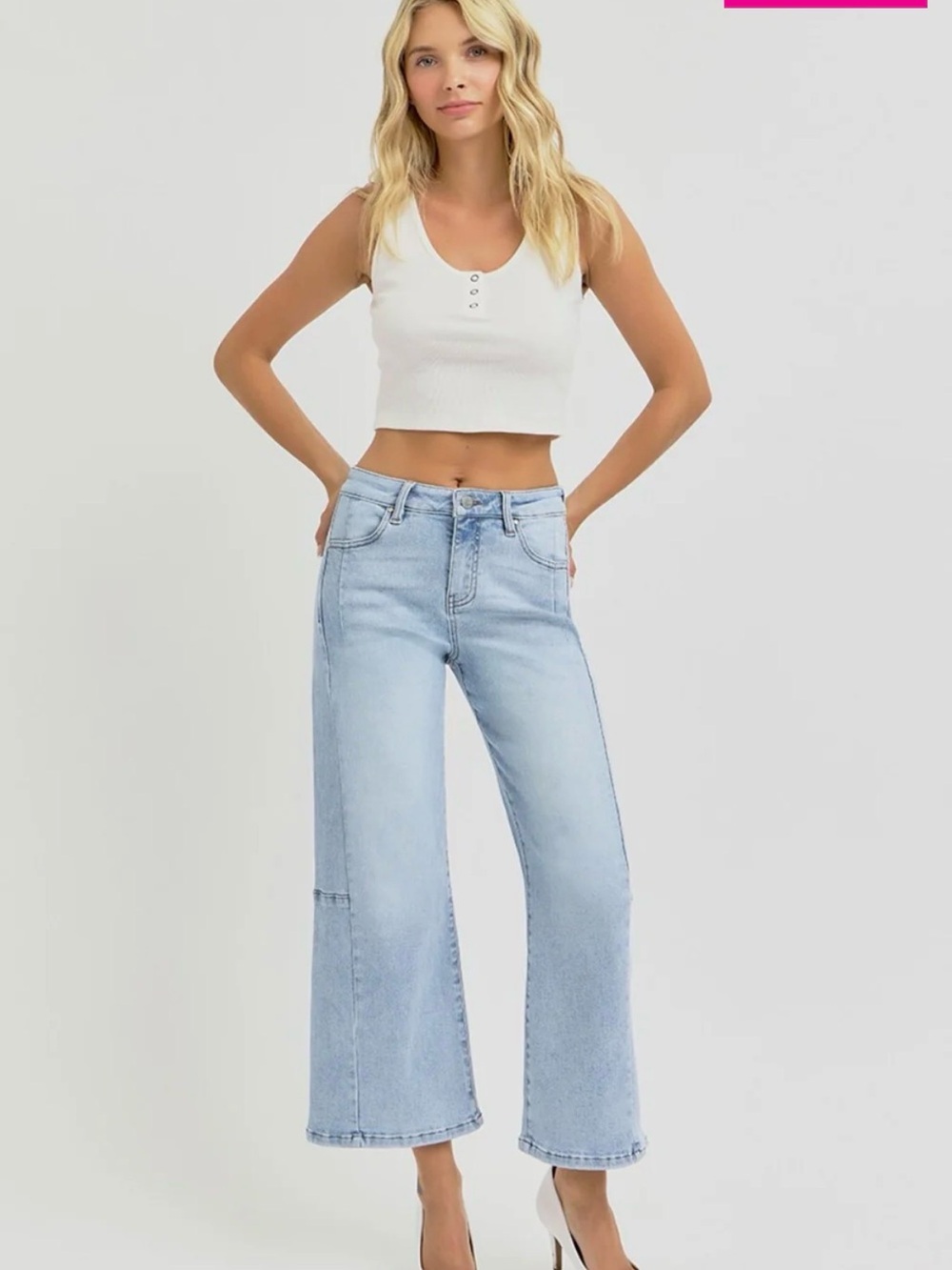 Risen High Rise Crop Wide Leg Seamed Jeans Light Wash Denim